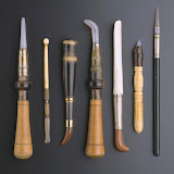 Gold burnishers. Turkey, 1800s. Tips of agate or tiger’s-eye; silver or base metal sleeves connecting tips to handles made of fruit wood, ebony, and ivory. Lengths range from 7.6 to 4.8 in. (194. to 12.1 cm). Private collection