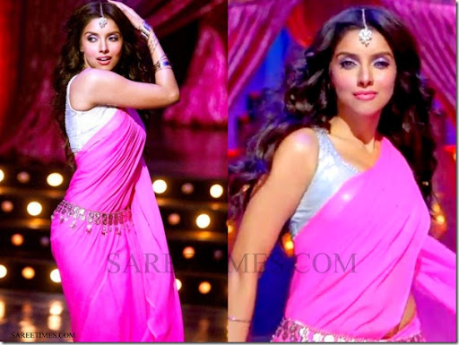  actress Asin in beautiful pink designer plain saree paired with designer 