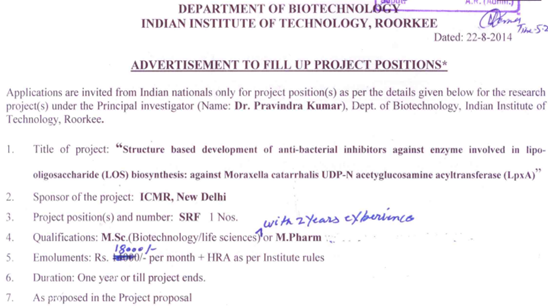 Structure Based Development of Anti-Bacterial Inhibitors | IITR SRF Vacancy