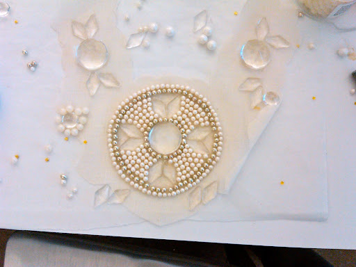 Here, the first stages of the candy necklace. When we found the Fancy Flours giant candy gems, the necklace really began to take shape.