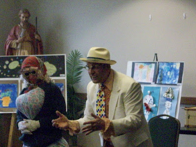 "Beerneece" and Uncle Bruster entertaining children at St. James School
