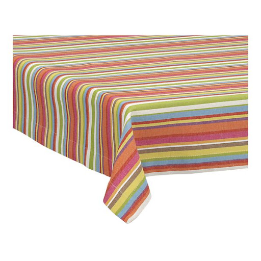 A bright striped tablecloth will look great on your backyard table. (crateandbarrel.com) A bright striped tablecloth will look great on your backyard table. (crateandbarrel.com)