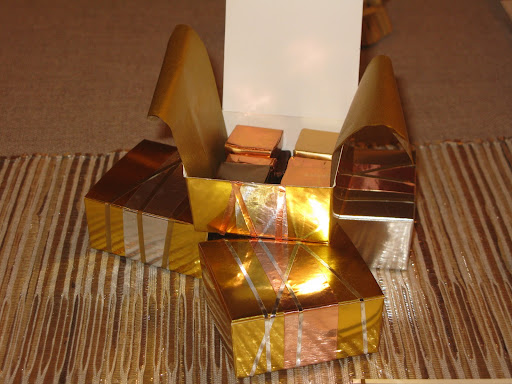 Gift boxes with caramels featured in the current Fall 2010 issue of Martha Stewart Weddings.

 Sophie’s Favors gift boxes, www.sophiesfavors.com

Nasco metallic Mylar craft tape pack www.enasco.com

 ArtEmboss copper foil tape www.roberts​crafts​.com

3M ­copper foil shielding tape and EMI aluminum foil tape www.Amazon.com.