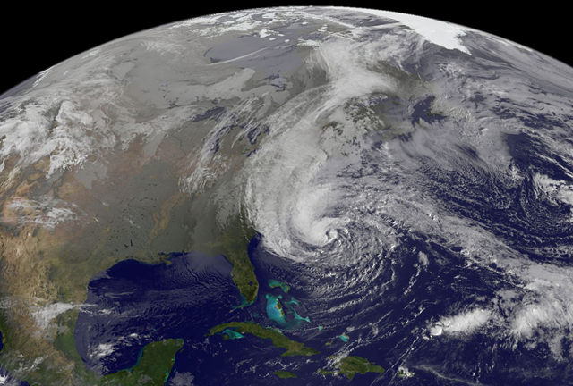 Satellite view of Hurricane Sandy, at 9:02 am EST on 28 October 2012. NASA GOES Project