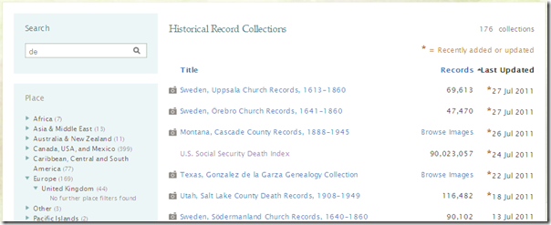 The FamilySearch.org collection list