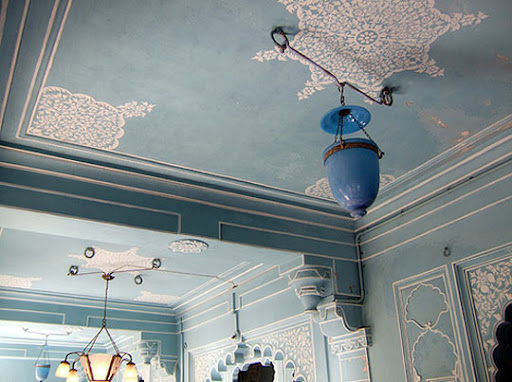 This is beautiful and extremely detailed, but you could easily replicate the colors and the delicate outlines. If you took out the lacey medallions and just had the straight lines it can actually feel quite contemporary.
(image source unknown) This is beautiful and extremely detailed, but you could easily replicate the colors and the delicate outlines. If you took out the lacey medallions and just had the straight lines it can actually feel quite contemporary.
(image source unknown)