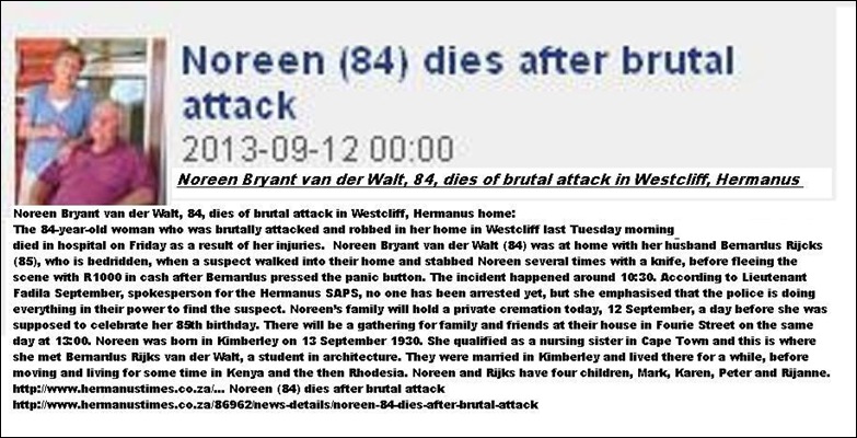 VanderWaltNoreenBryant84DiesFromBrutalAttackBlackMaleGangHermanusHomeSept122013