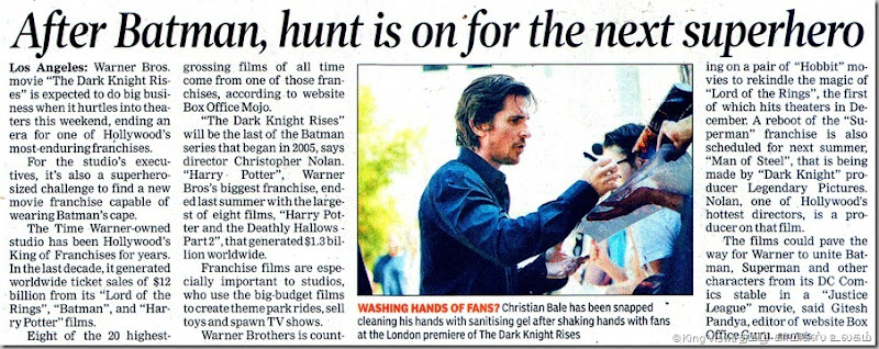 Times Of India Chennai Edition Dated Sunday 22nd Jyly 2012 Page No 13 Hunt for Next Super Hero after Batman