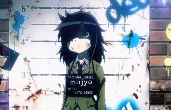 Kuroki Tomoko from the intro, looking disheveled and wearing a suspect nametag against a height diagram in a grungy alleyway