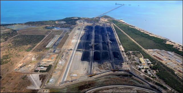 Aerial view of Abbot Point Coal Terminal in Queensland, Australia. The Abbot Point Coal Terminal has been exporting coal since 1984 and is one of Queensland's five major coal export terminals. Expansion plans threaten the Great Barrier Reef. Photo: Aurecon
