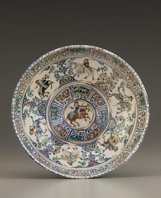 Bowl | Origin:  Kashan,  Iran | Period: late 12th-early 13th century  Saljuq period | Details:  Not Available | Type: Stone-paste painted under and over transparent glaze | Size: H: 8.5  W: 20.3   D: 20.3  cm | Museum Code: F1945.8 | Photograph and description taken from Freer and the Sackler (Smithsonian) Museums.