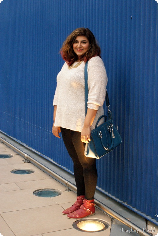 Weesha outfit studded boots from new look, sequin sweater from h & m, gold collar necklack from new look, folli follie bag