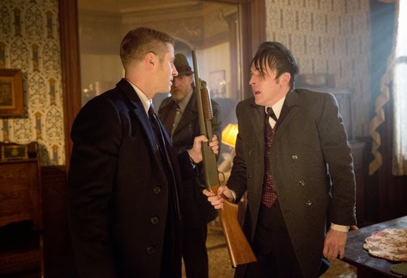 GOTHAM:  Gordon (Ben McKenzie, L), Bullock (Donal Logue, C) and Oswald Cobblepot (Robin Lord Taylor, R) find themselves in a dangerous situation in the "Everyone Has A Cobblepot" episode of GOTHAM airing Monday, March 2 (8:00-9:00 PM ET/PT) on FOX.  ©2015 Fox Broadcasting Co.  Cr:  Jessica Miglio/FOX
