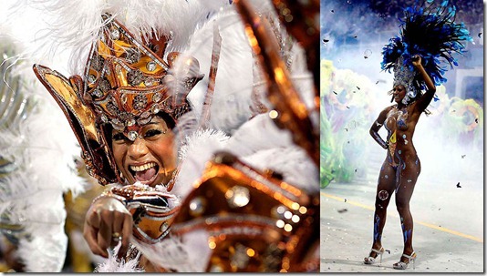 Dancers from the Vai-Vai and Rosas de Ouro samba schools perform in Sao Paulo. (Andre Penner/Associated Press)