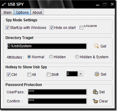 USB SPY opzioni di configurazione USB SPY opzioni di configurazione