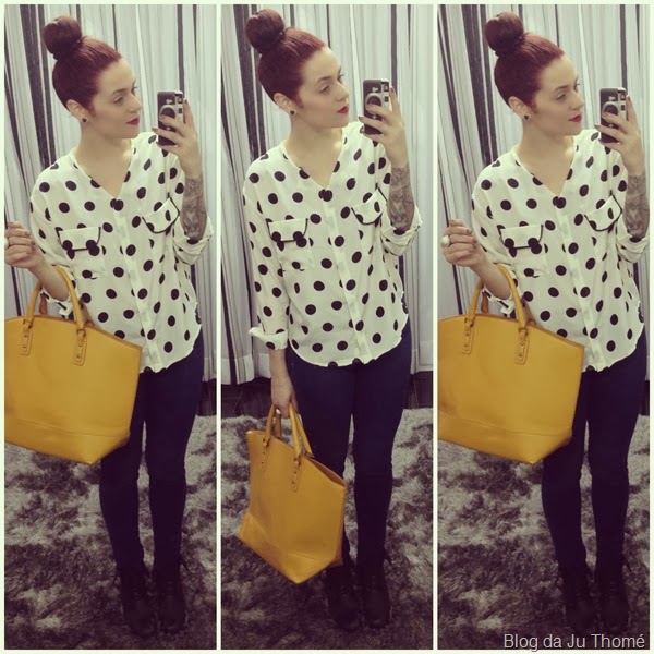 look camisa estampa bolinha, jeans e bolsa amarela (2)