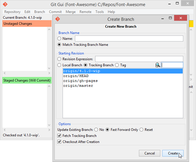 Figure 3 - Creating a tracking branch with Git Gui with the same name [ 4.1.0-wip ] as defined in origin