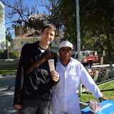 A friendly ice cream dealer at Plaza Avaroa