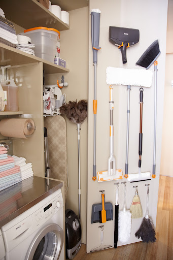 I did the same on the doors to my laundry closet. An assortment of hooks keeps cleaning tools organized. I did the same on the doors to my laundry closet. An assortment of hooks keeps cleaning tools organized.