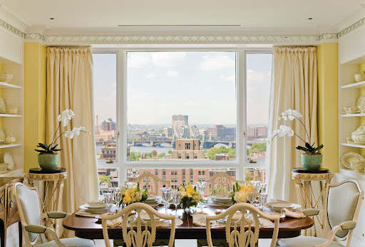 I can't decide what I like best about this Boston Back Bay dining room - the glamorous design details or the amazing view from the huge window. I can't decide what I like best about this Boston Back Bay dining room - the glamorous design details or the amazing view from the huge window.