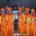 Some Marco Polo Cycling Team riders with Chinese dancers before the opening ceremony of the Tour of Qinghai Lake. It was broadcasted live at Chinese national television with a spectacular show at prime-time, 200 million viewers! (photo: Remko Kramer)