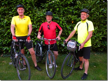 L-R Tony Hoy, Charlie Gobbett, Gareth Roberts, cycle 345 miles from the London Eye to Notre Dame for St Luke's (Cheshire) Hospice