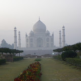 Taj Mahal at sunrise, across the river