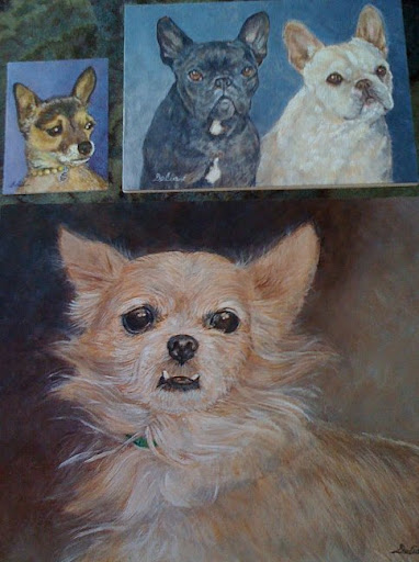 Portraits of Daily Wag authors F & S- and regularly featured pooches Minnow and Pickles- painted by our very own Delia P.!