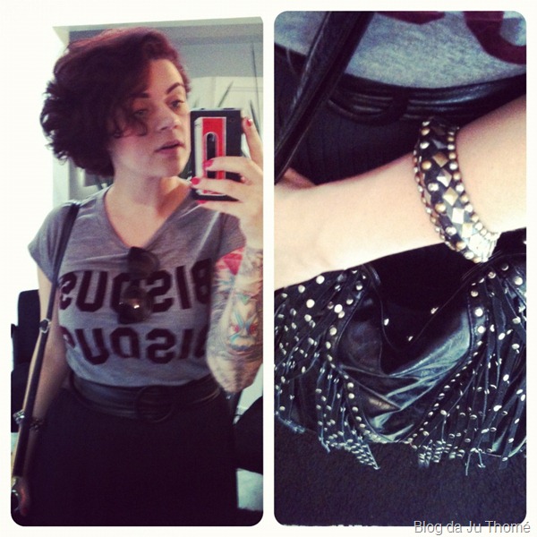 look tee BISOU BISOU e detalhes bolsa de tachas e pulseira look tee BISOU BISOU e detalhes bolsa de tachas e pulseira