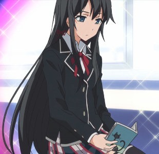 Yukino sits calmly reading a book by a bright, sunlit window, with sparkles and colorbanding highlighting her
