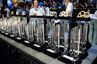 A lineup of all of the awarded trophies