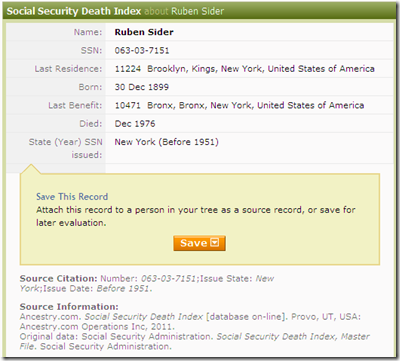 Example SSDI record from Ancestry.com