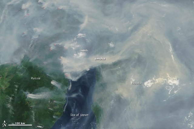 The Moderate Resolution Imaging Spectroradiometer (MODIS) on NASA&rsquo;s Terra satellite captured this image of the 90 taiga wildfires that burned in the Far East of Russia on 29 June 2012. Thick smoke blankets the northern portion of Khabarovsky Krai and is visible blowing west toward Sakhalinskaya and the Pacific Ocean. The red outlines indicate hot spots where MODIS detected the unusually warm surface temperatures associated with fires. NASA image courtesy Jeff Schmaltz, LANCE MODIS Rapid Response