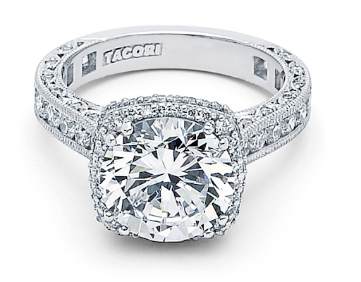 Love milligrain work and pave diamonds? The setting of Tacori's platinum engagement ring features both in a bold, cushion-shaped setting. Love milligrain work and pave diamonds? The setting of Tacori's platinum engagement ring features both in a bold, cushion-shaped setting.