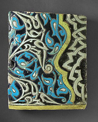 Tile | Origin: Turkey | Period: Last quarter of 14th century | Collection: The Madina Collection of Islamic Art, gift of Camilla Chandler Frost (M.2002.1.771) | Type: Ceramic; Architectural element, Earthenware, glaze-painted, 13 x 10 3/4 in. (33.02 x 27.3 cm)