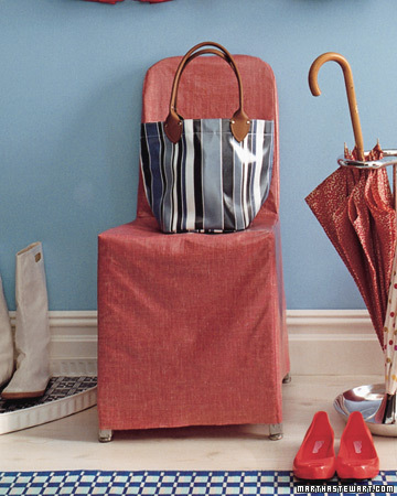 Spring: Often times, a change in season can present a decorating challenge. With lots of April showers come wet things. This DIY slipcover provides a waterproof, attractive place to throw your tote and take off rain boots. Spring: Often times, a change in season can present a decorating challenge. With lots of April showers come wet things. This DIY slipcover provides a waterproof, attractive place to throw your tote and take off rain boots.