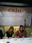 In anticipation of their hearing before the Inter-American Court of Human Rights, community leaders from Sarayaku and their lawyers outlined their case to the press.  Here Sarayaku president José Gualinga responds to a journalist's question.  He is accompanied by Viviana Krsticevic, Director of the Center for Justice and International Law.  Photo: Andrew Miller / Amazon Watch