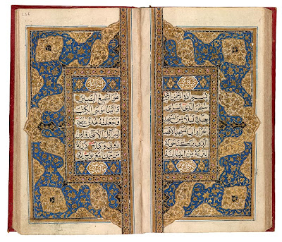 Qur˒an from Kashmir Qur˒an, in Arabic. Northern India, Kashmir, ca. 1800. On paper. Qur˒ans were written by hand well into the nineteenth century, and many copies were produced about 1800, when Kashmir was still under Muslim rule. They differ from contemporary Turkish Qur˒ans, which usually provide a date and name of the scribe. The type of decoration found on this double-page sarlauḥ represents typical Kashmiri work of about 1800. This Qur˒an has been divided into sevenths (manzil), one to be read each day of the week, much like the Psalter. Here the double-page sarlauḥ marks the beginning of the fourth division, suras 17 (Bani Isrā-il or "The Israelites") to 25 (al-Furqān or "The Criterion"). The script is naskh, the sura headings are in white, and gold dots follow verses.