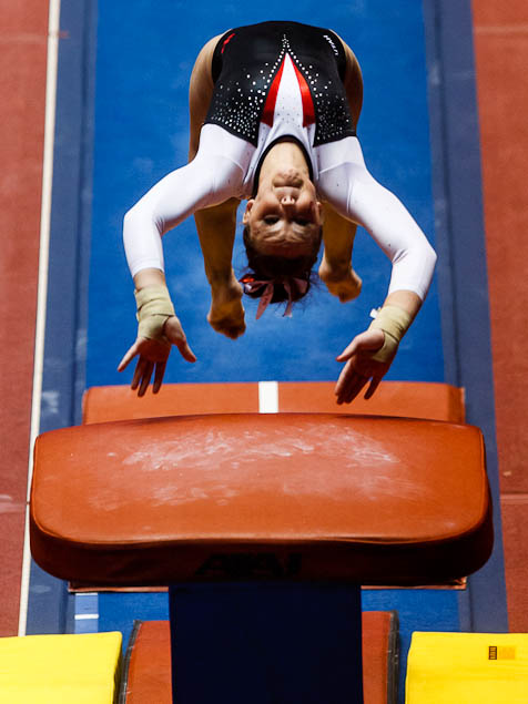 Utah's Stephanie McAllister on vault as the University of Utah hosts Georgia at the Huntsman Center, college gymnastics Friday, February 3, 2012 in Salt Lake City, Utah