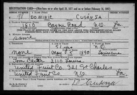 World War II Draft Registration Card for Dominic Cusanza (b. 1890)