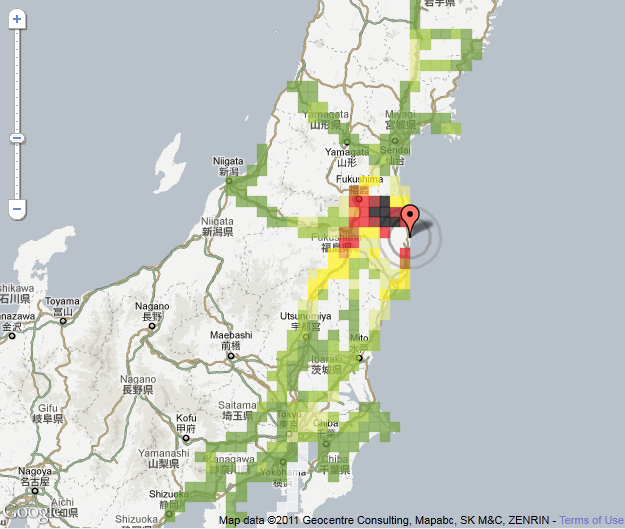 The Safecast Map depicts over 500,000 radiation data points collected by the Safecast team throughout Japan. For each square, numerous geiger readings have been collected and color-coded. safecast.org