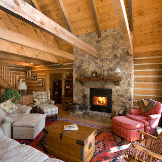 Rustic living room of Ecolog cottage in Haliburton County, Ontario