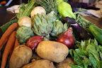Carrots, turnips, artichokes, onions, potatoes, cucumbers, lettuce, herbs, peppers, string beans.