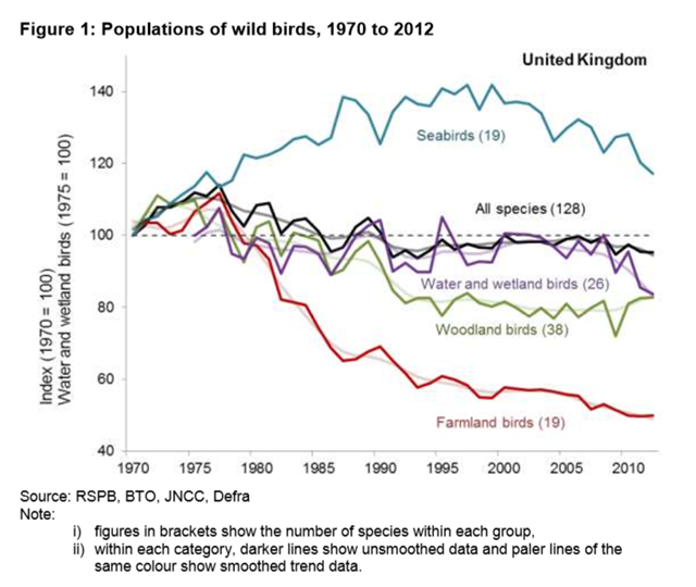 Populations of UK wild birds, 1970-2012. The largest declines in farmland bird populations occurred between the late seventies and the early nineties, but there has been a recent decline of 13 per cent since 2003. Graphic: UK Department for Environment, Food and Rural Affairs
