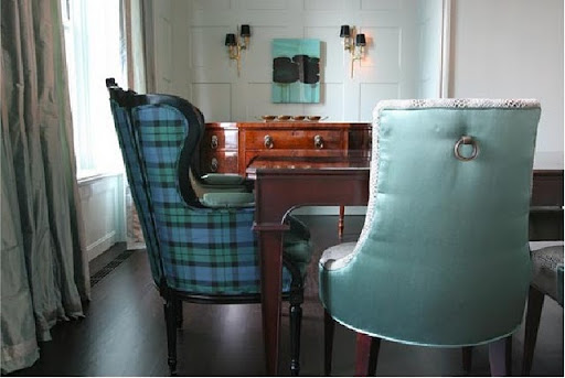 Notice how there is only one tartan chair, and the rest are a solid color -- it makes the plaid chair stand out (Summer Thorton Designs). Notice how there is only one tartan chair, and the rest are a solid color -- it makes the plaid chair stand out (Summer Thorton Designs).
