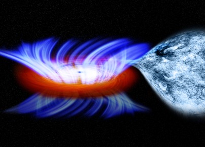 ilustração de um sistema binário com um buraco negro