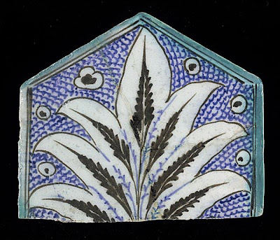 Tile | Origin: Syria or Egypt | Period: 15th century | Collection: The Madina Collection of Islamic Art, gift of Camilla Chandler Frost (M.2002.1.768) | Type: Ceramic; Architectural element, Fritware, underglaze-painted, Height: 5 7/8 in. (14.92 cm); Width: 6 15/16 in. (17.62 cm); Depth: 5/8 in. (1.59 cm)