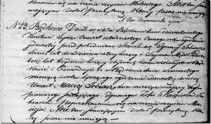 Death of Maciej Tobiasz - 16 Apr 1848 - No 23 - Badkowo Parish