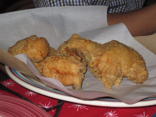 John's fried chicken just about ready for a final dip in the oil.