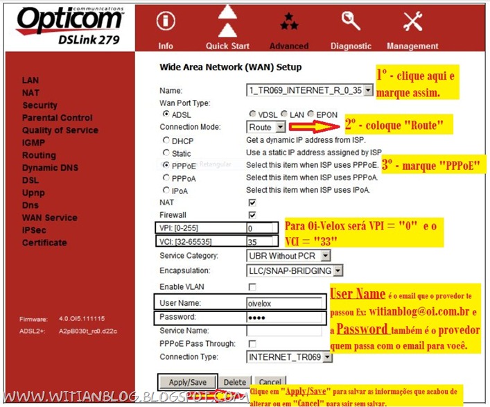Configurando e roteando o modem roteador OPTICOM DSLink 279 para conectar automaticamente na internet VELOX - 2 - witian blog